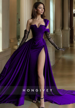 HONGIVEY Lace Applique One Shoulder A-Line Sleeves with Gloves Evening Dress Prom Gown