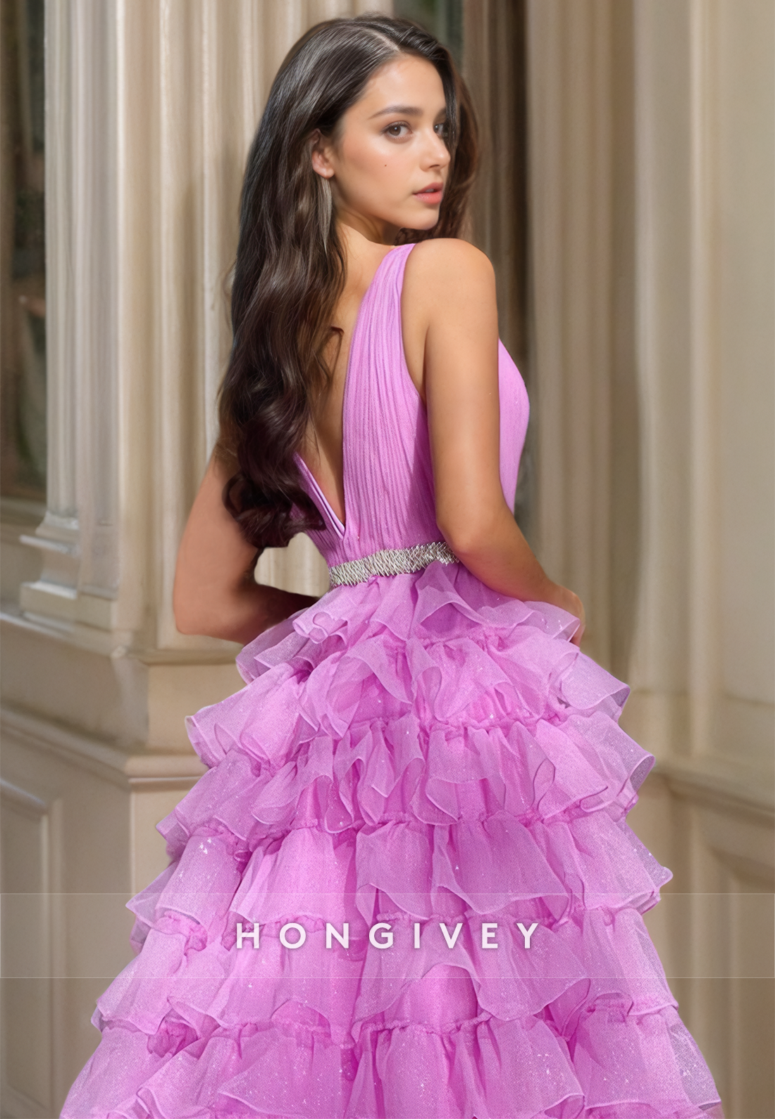 SexyA-Line Tulle Plunging  V-Neck Straps Empire Tiered Party Prom Evening Dress