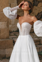 Sexy A-Line Satin Sweetheart With Long Bell Sleeves Empire Beaded With Side Slit Wedding Dress