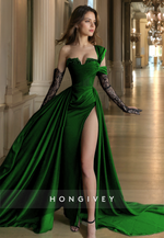 HONGIVEY Lace Applique One Shoulder A-Line Sleeves with Gloves Evening Dress Prom Gown