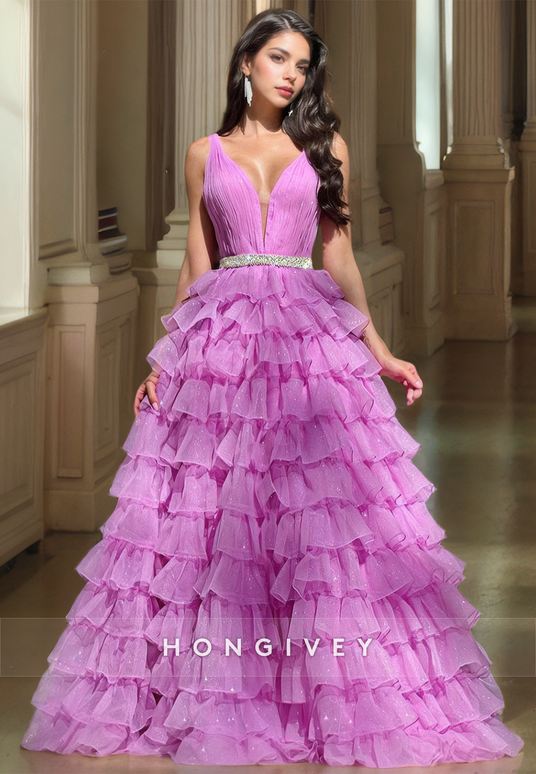 SexyA-Line Tulle Plunging  V-Neck Straps Empire Tiered Party Prom Evening Dress