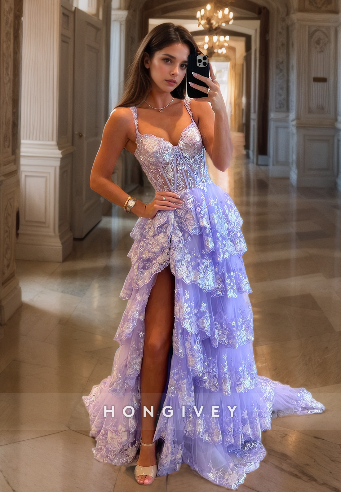 HONGIVEY Glitter Lilac Tiered Prom Gown Straps Sweetheart with Train Homecoming Party Dress