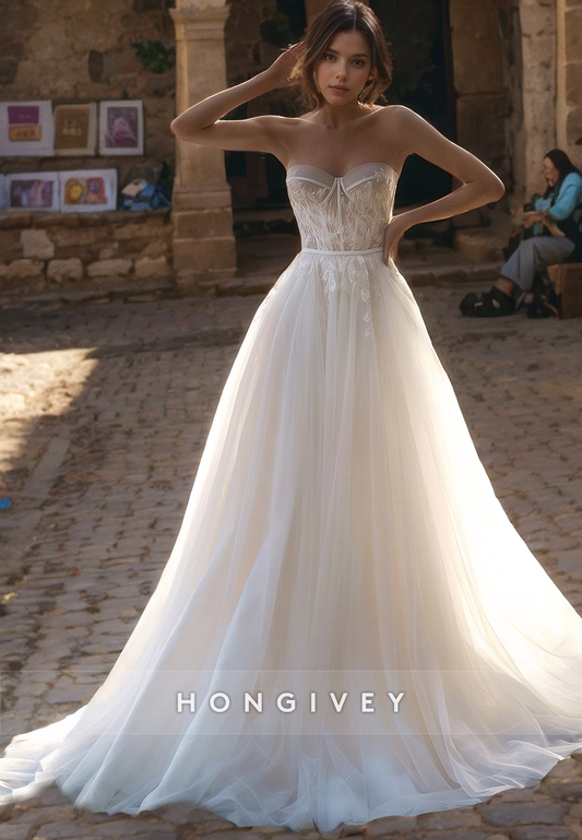 Sexy Strapless A-Line Tulle Wedding Dress Applique Beaded Sweetheart Bride Gown