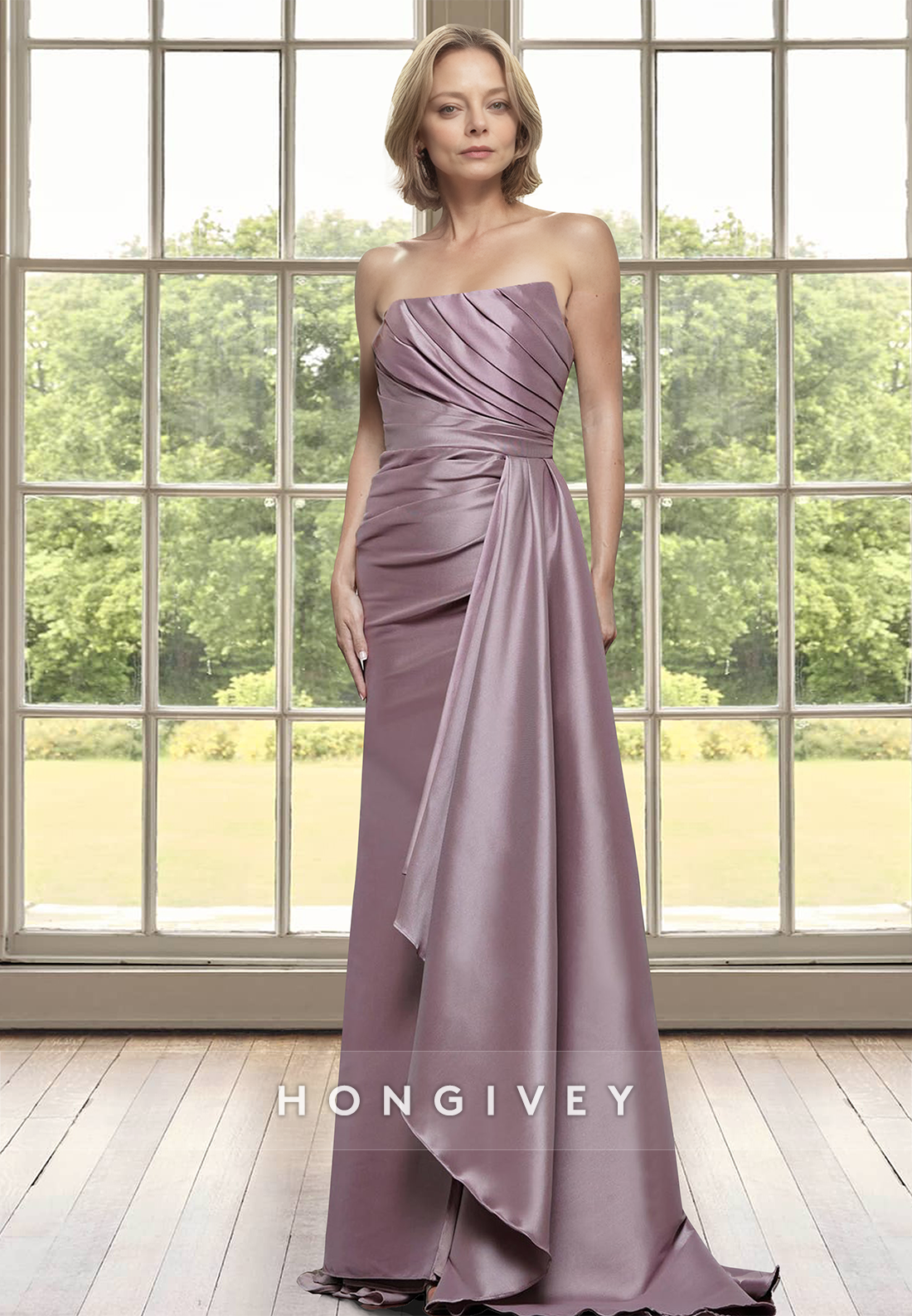 Strapless Burgundy Ruched A-Line Satin Mother of the Bride Wedding Guest Dress