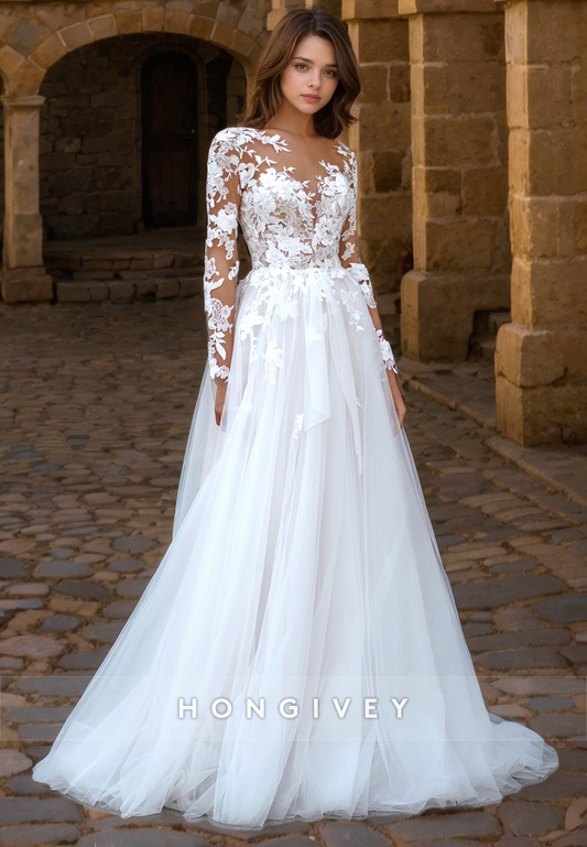 Elegant & Luxurious Tulle A-Line Long Sleeve Lace Applique Wedding Dress