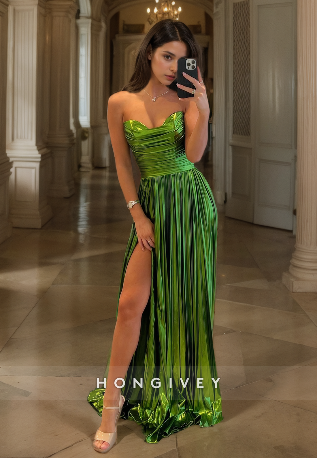 HONGIVEY Strapless Green Evening Dress with Side Slit Prom Gown Homecoming Ball Gown