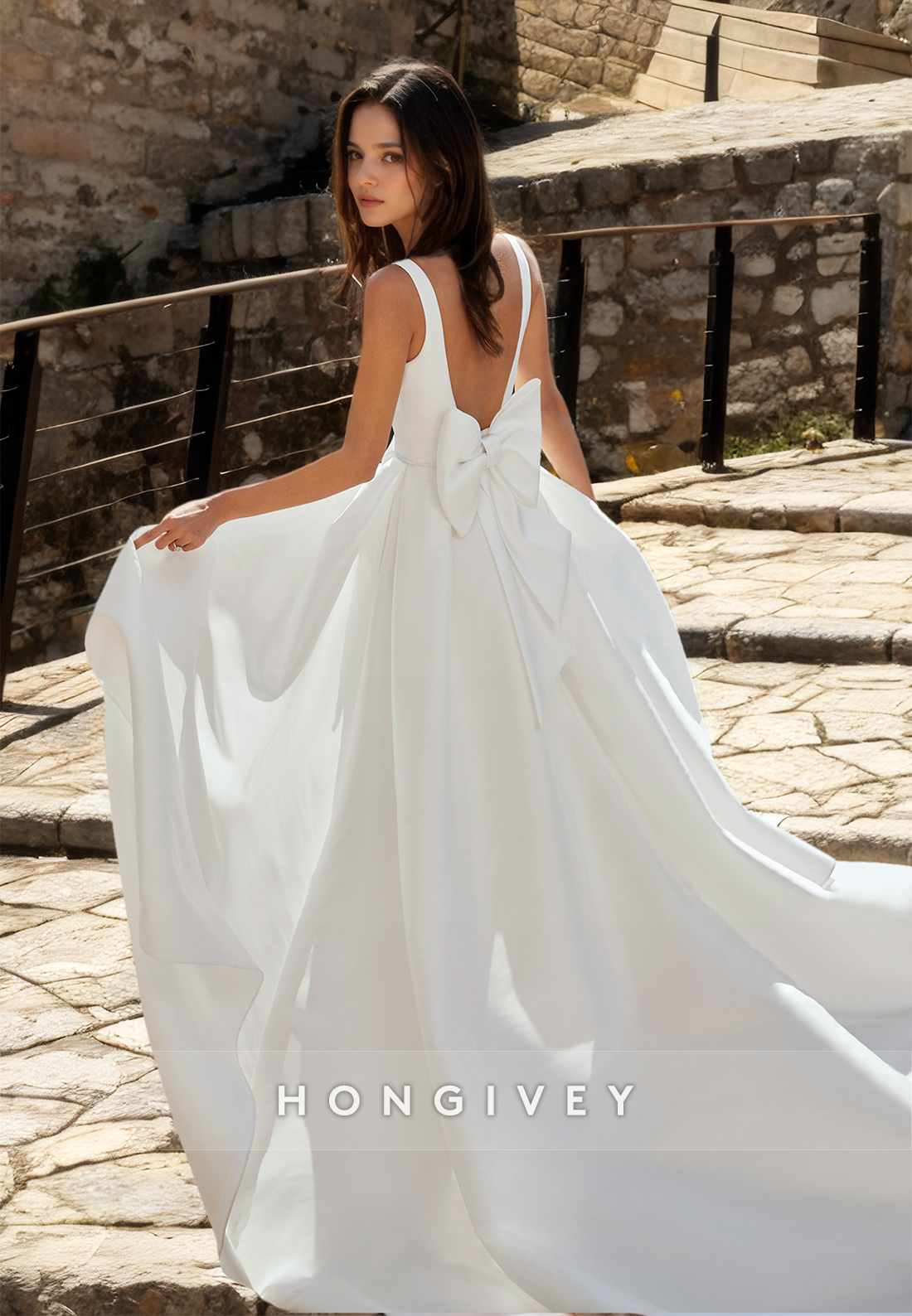 A-Line Square Satin Wedding Dresses with Bow Formal Backless Side Slit Straps Bridal Dress