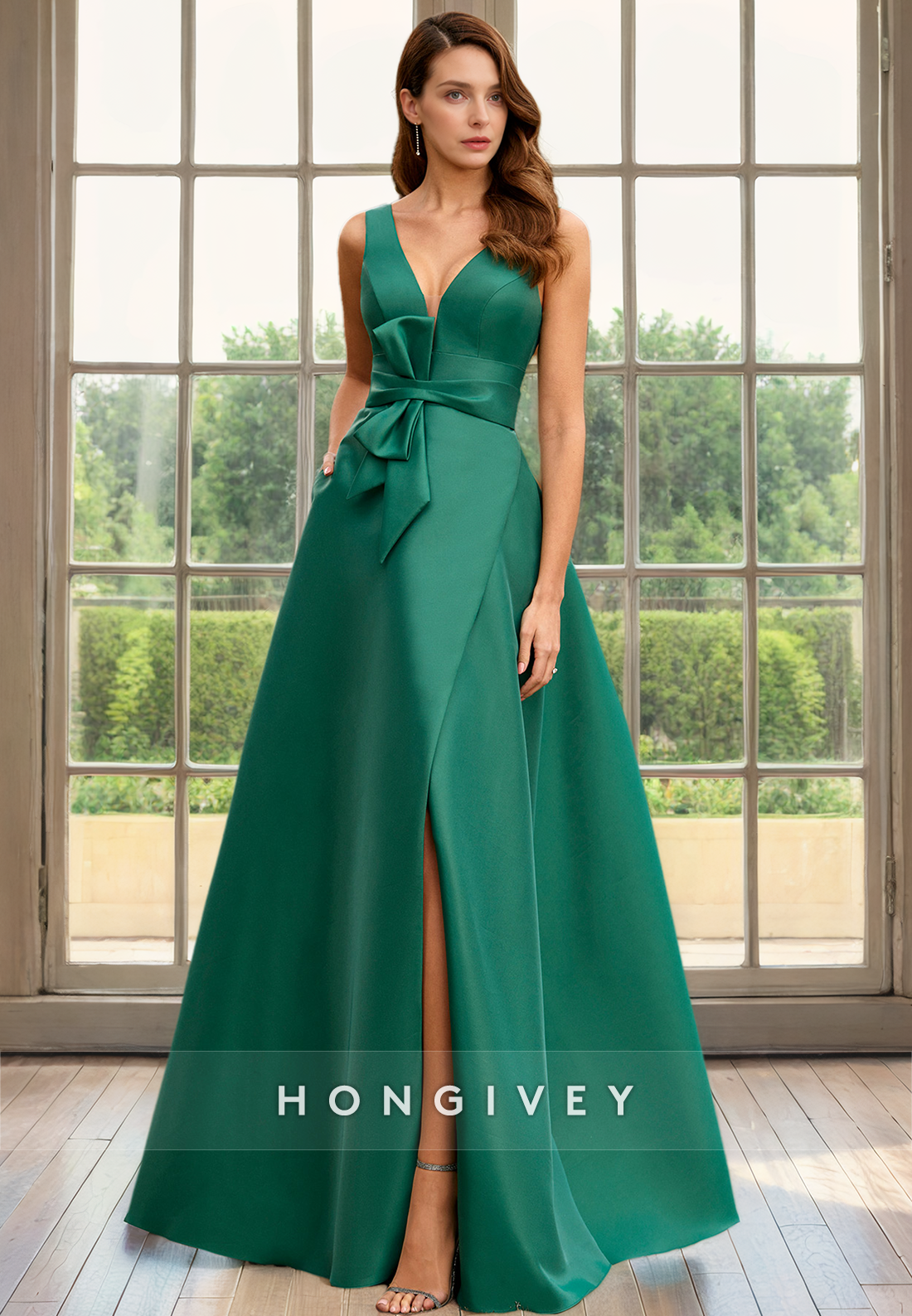 Satin A-Line V-Neck Empire Sleeveless With Slit Mother of the Bride Dr Satin A-Line V-Neck Empire Sleeveless With Slit Mother of the Bride Dr