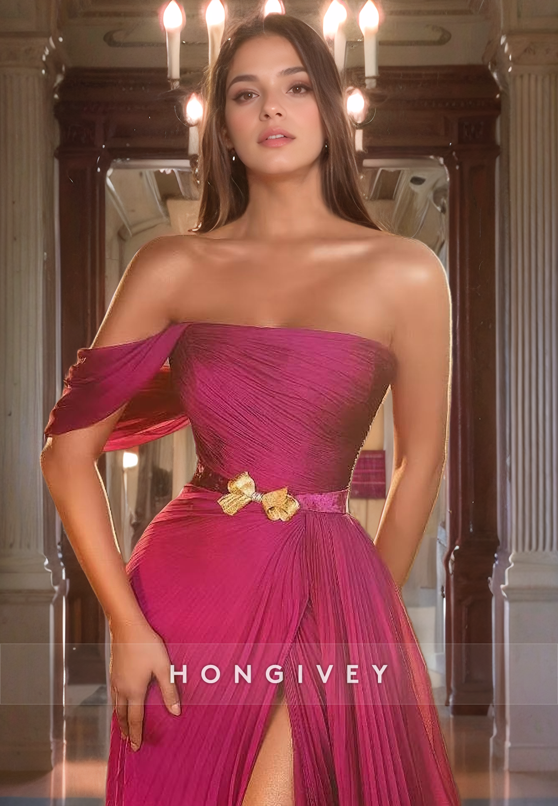 Chic One Shoulder A-Line Prom Dress Elegant with Bow Belt Ball Gown HONGIVEY