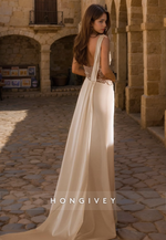 Satin Fitted One Shoulder Sleeveless Appliques With Side Slit Beach Wedding Dress