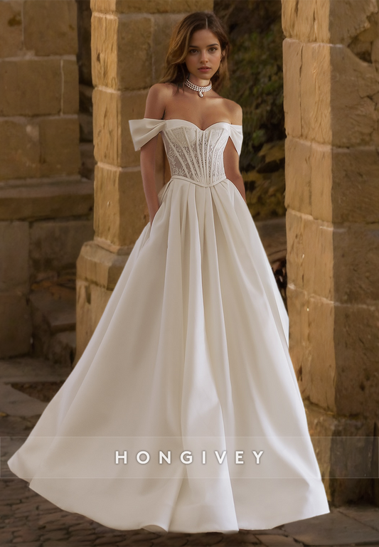 HONGIVEY Off-Shoulder Applique Wedding Dress A-Line Satin Floor-Length Bride Gown