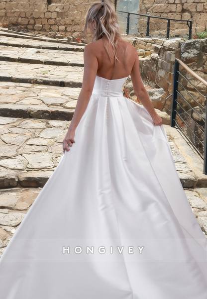 Sexy Satin A-Line Bateau Strapless Empire With Detachable Overskirt Train Wedding Dress