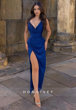 Sexy Ruched Sleeveless Satin Classic V-Neck Evening Dress HONGIVEY