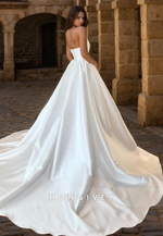 Satin A-Line Bateau Strapless Sleeveless With Train Wedding Dress