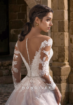 Rhinestone Floral Embroidered Lace Applique Sheer Illusion Cutout With Train Wedding Dress