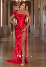 Satin One Shoulder Fitted Ruched With Side Slit Party Prom Evening Dress