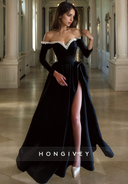 L2042 - Sexy Satin A-Line Off-Shoulder Long Sleeve Empire Beaded With Side Slit Party Prom Evening Dress