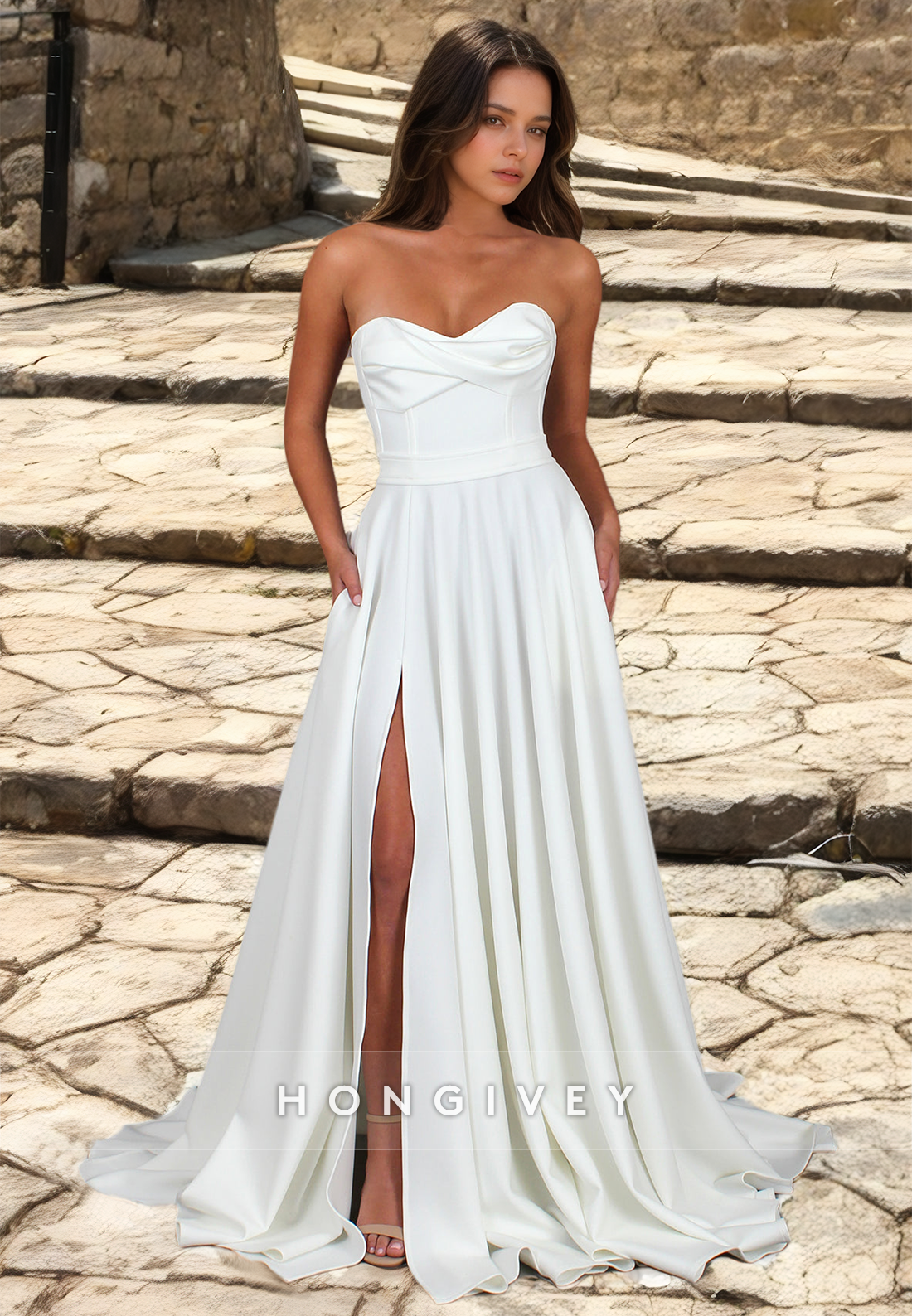 Sexy Satin A-Line Sweetheart Strapless Sleeveless With Side Slit Train  Wedding Dress