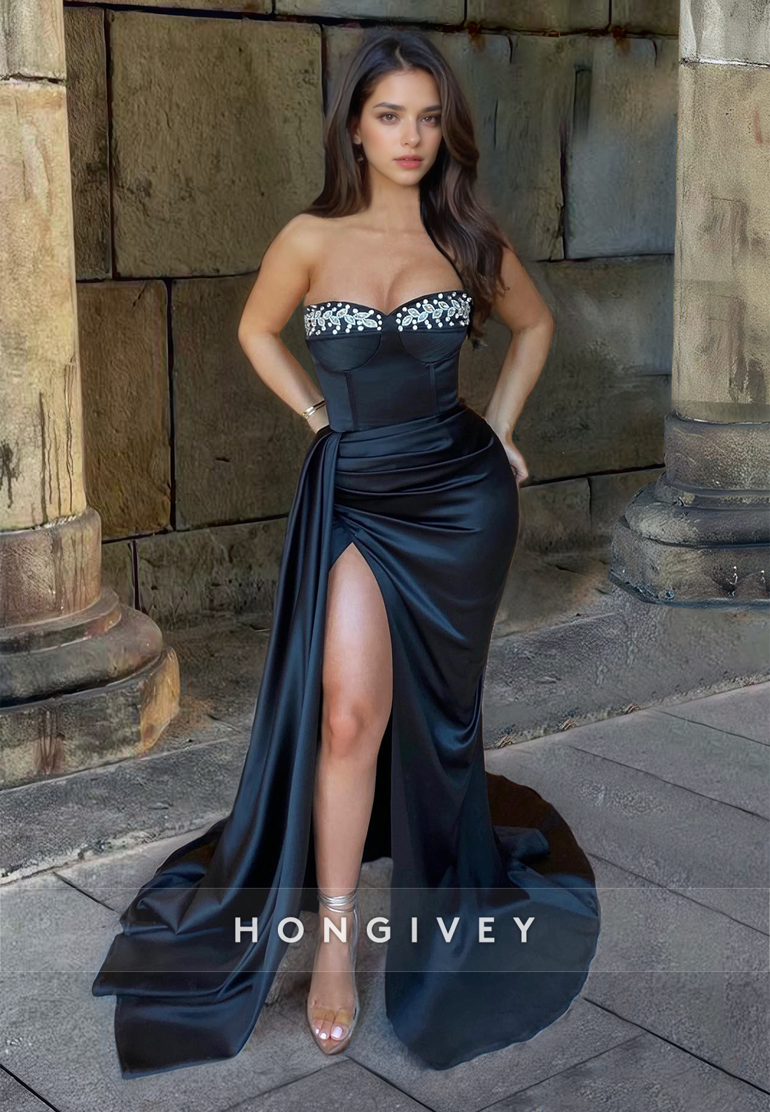 HONGIVEY Black Strapless beaded Evening Dress with Train Sheath Sweetheart Formal Gown