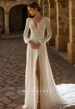 Casual A-Line V-Neck Long Sleeve With Side Slit Sheer Wedding Dress