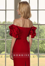 Fitted Long Red Puff Sleeves Bateau Mother of the Bride Wedding Guest Dress