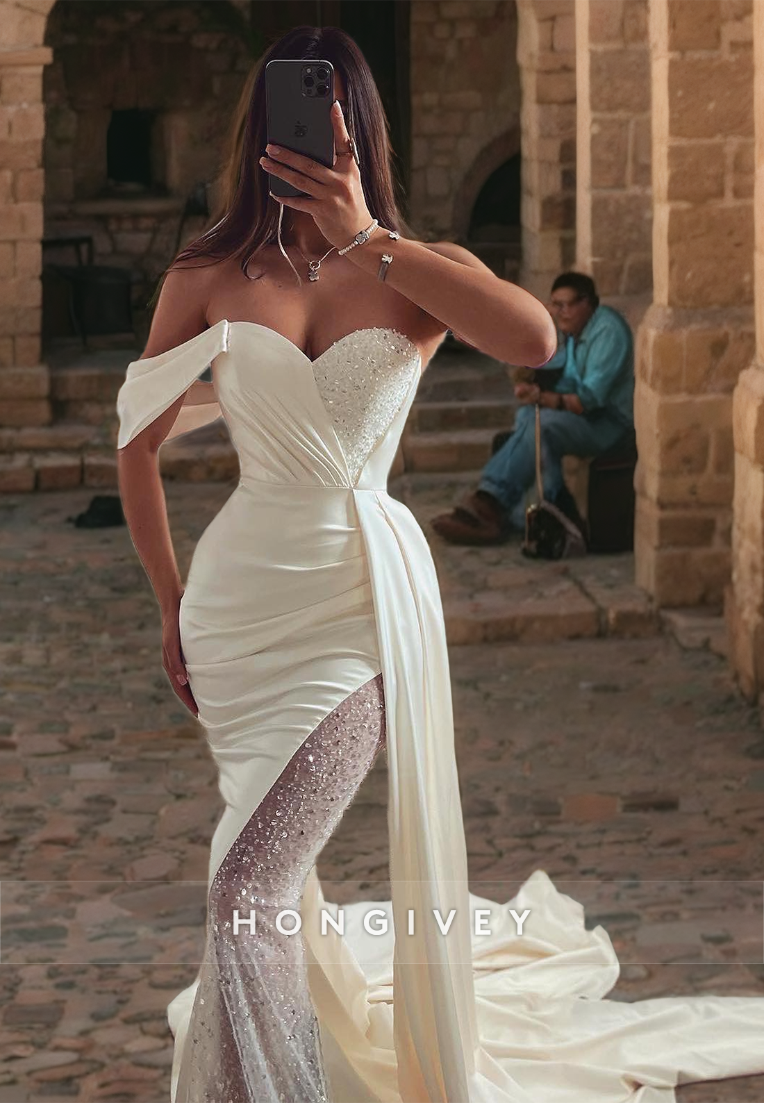 Satin Trumpet Off-Shoulder Pleats Beaded With Train Wedding Dress