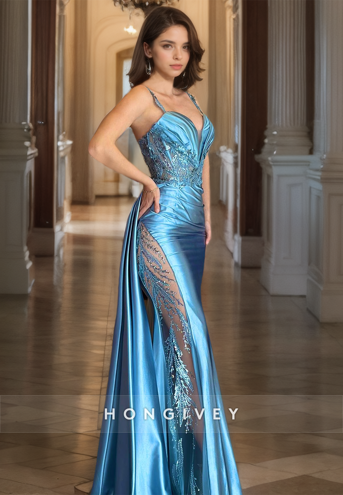 Sexy Satin Fitted Plunging V-Neck Spaghetti Straps Empire Ruched With Train Party Prom Evening Dress