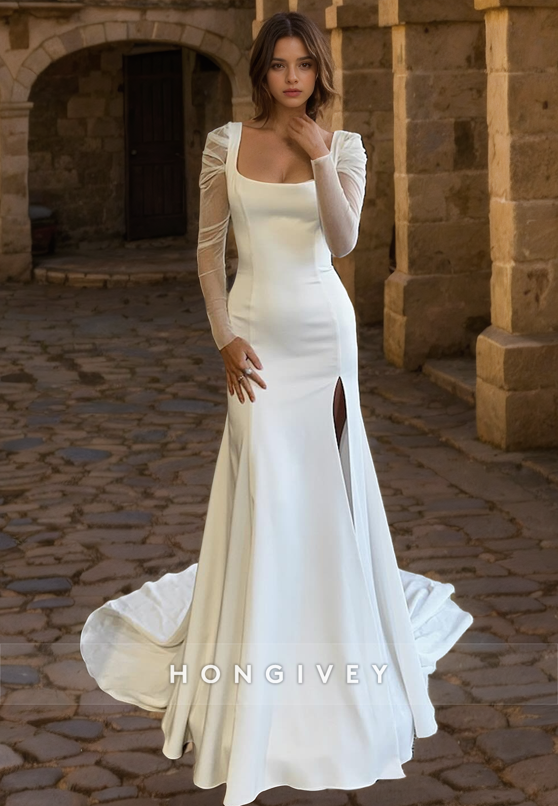 Chic Trumpet Square Long Sleeves With Side Slit Wedding Dress