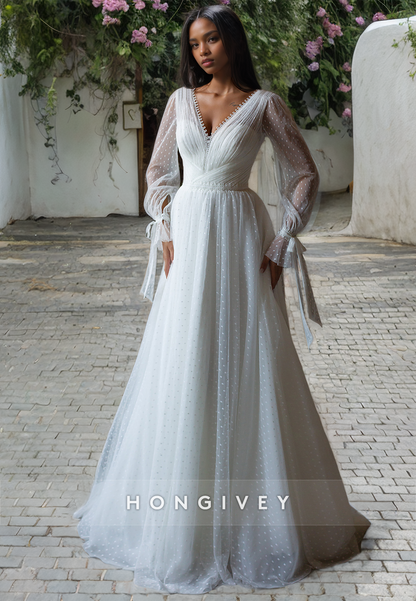 Tulle A-Line V-Neck Long Sleeve Boho Wedding Dress