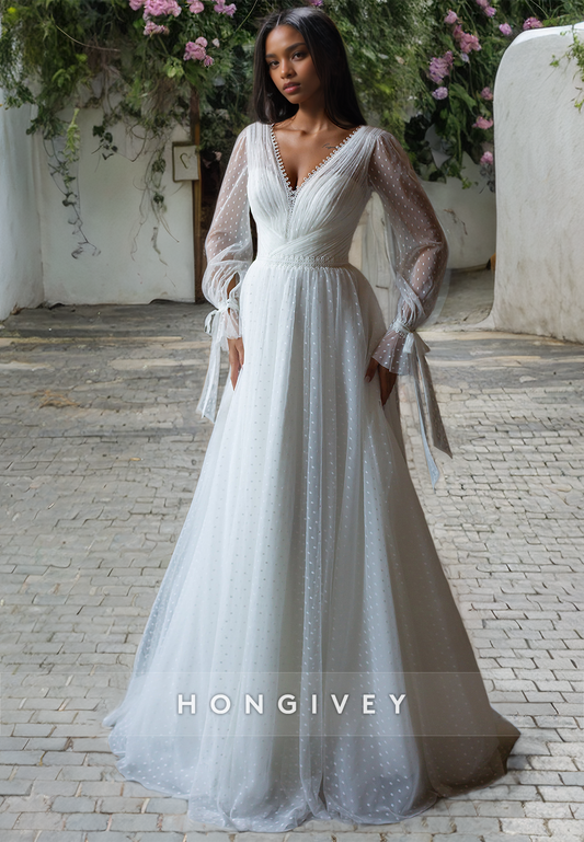 Tulle A-Line V-Neck Long Sleeve Boho Wedding Dress