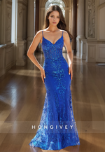 Gorgeous V Neck Royal Blue Spaghetti Straps Prom Dress Mermaid Lace Formal Cocktail Dresses