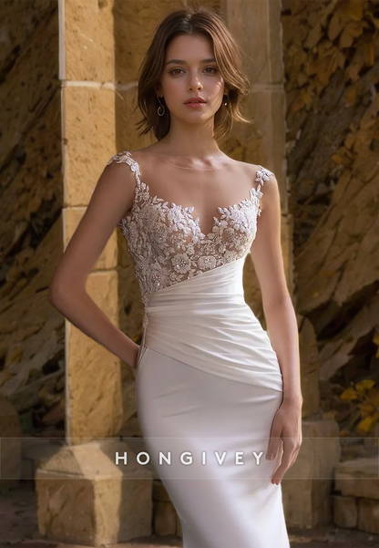 Sexy Fitted Satin Sweetheart Spaghetti Straps Appliques Ruched With Overlay Train Wedding Dress