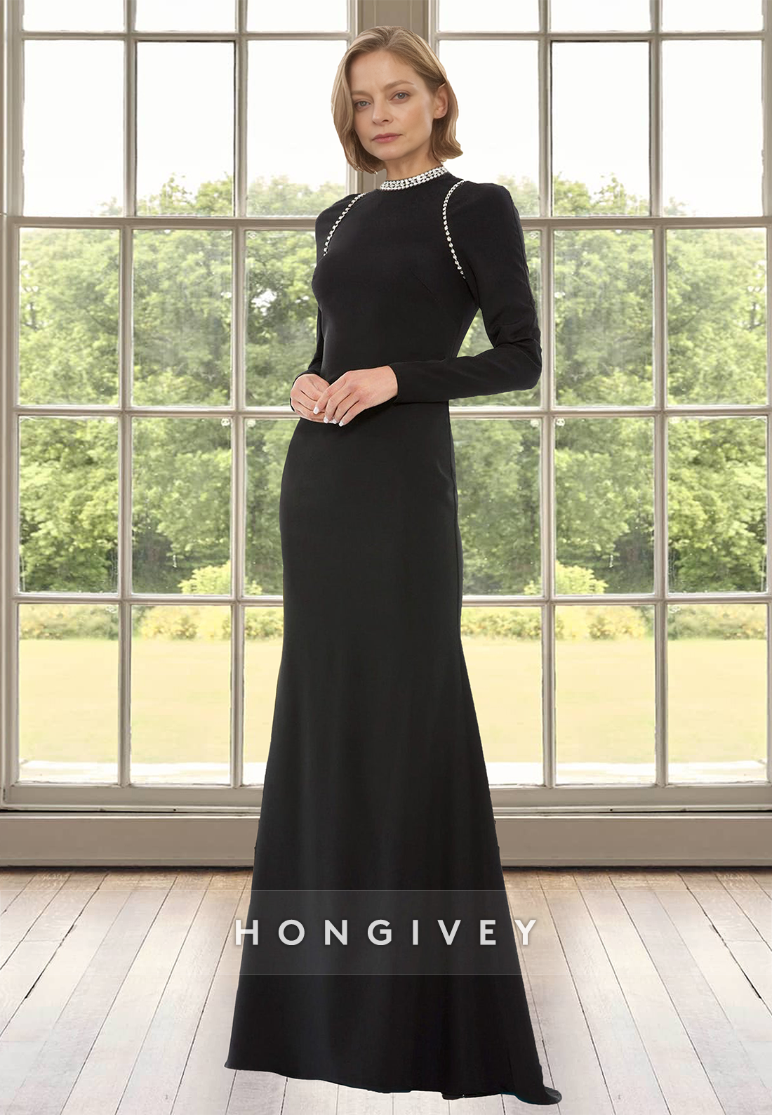 High Neck Long Sleeves Trumpet Mother of the Bride Wedding Guest Dress