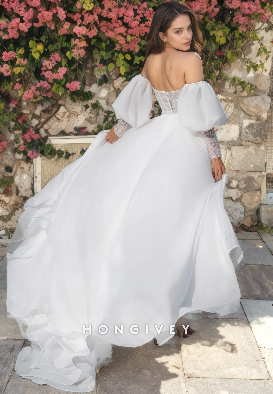 Sexy A-Line Satin Sweetheart With Long Bell Sleeves Empire Beaded With Side Slit Wedding Dress