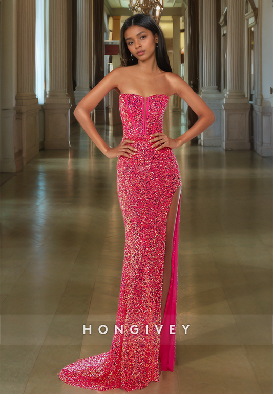 HONGIVEY Sexy Strapless Glitter Sequins  with Side Slit Long Evening Dress