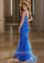 Gorgeous V Neck Royal Blue Spaghetti Straps Prom Dress Mermaid Lace Formal Cocktail Dresses