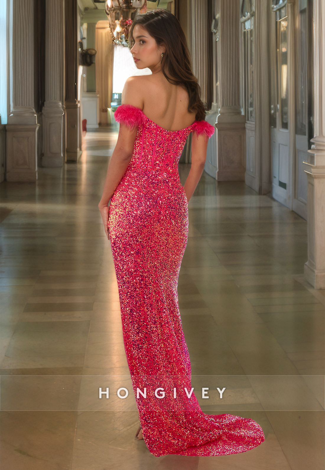 HONGIVEY Sexy Strapless Glitter Sequins  with Side Slit Long Evening Dress