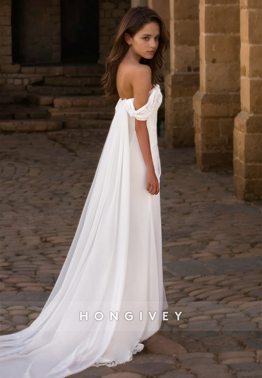 HONGIVEY Classic Off-Shoulder Wedding Dress Simple Ruched Side Slit Bride Gown