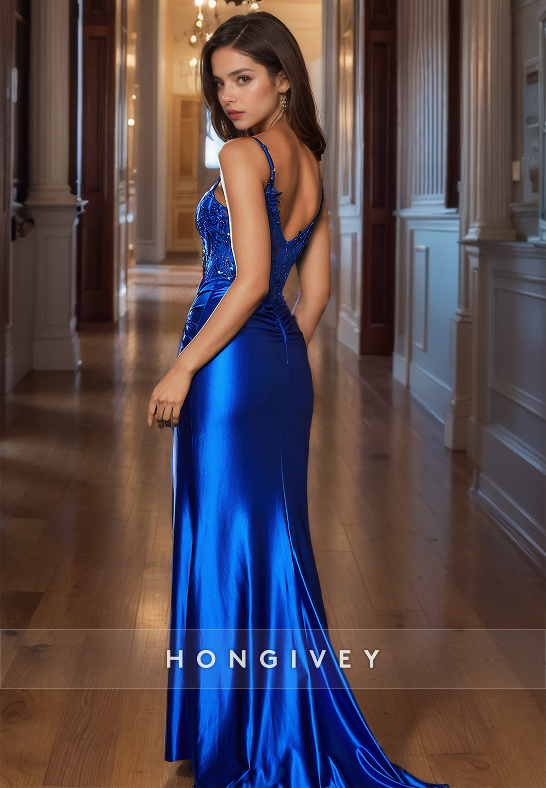 HONGIVEY Straps Applique Beaded Square Sheath Evening Dress with Side Slit Formal Wear