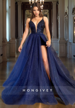 L1049 - Glitter Plunging Neck Overskirt With Train And Slit Party Evening Prom Formal Dress