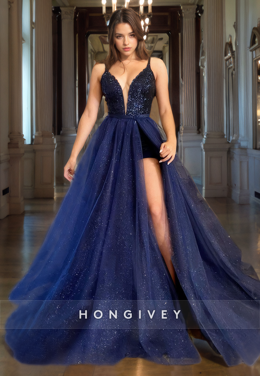 L1049 - Glitter Plunging Neck Overskirt With Train And Slit Party Evening Prom Formal Dress