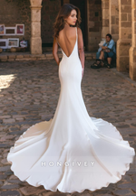 Sexy V-Neck Backless Straps Trumpet Satin with Train Wedding Dress Bride Gown