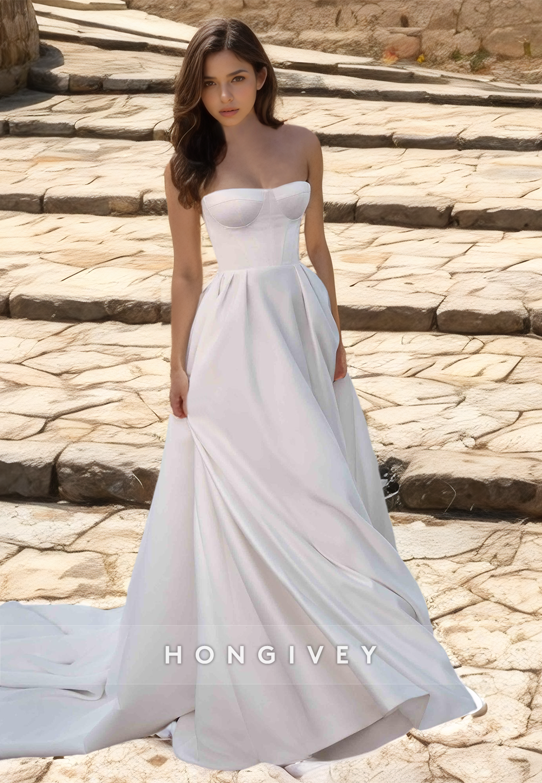 Simple Strapless Lace-Up Back With Train Beach Wedding Dress Simple Strapless Lace-Up Back With Train Beach Wedding Dress
