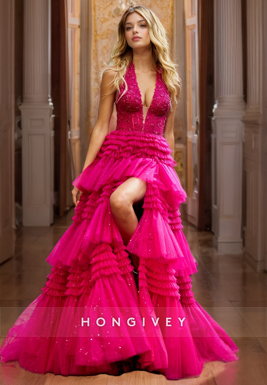 HONGIVEY Luxury Tiered V-Neck Evening Dress Formal Party Gown Prom Gown Ball Gown