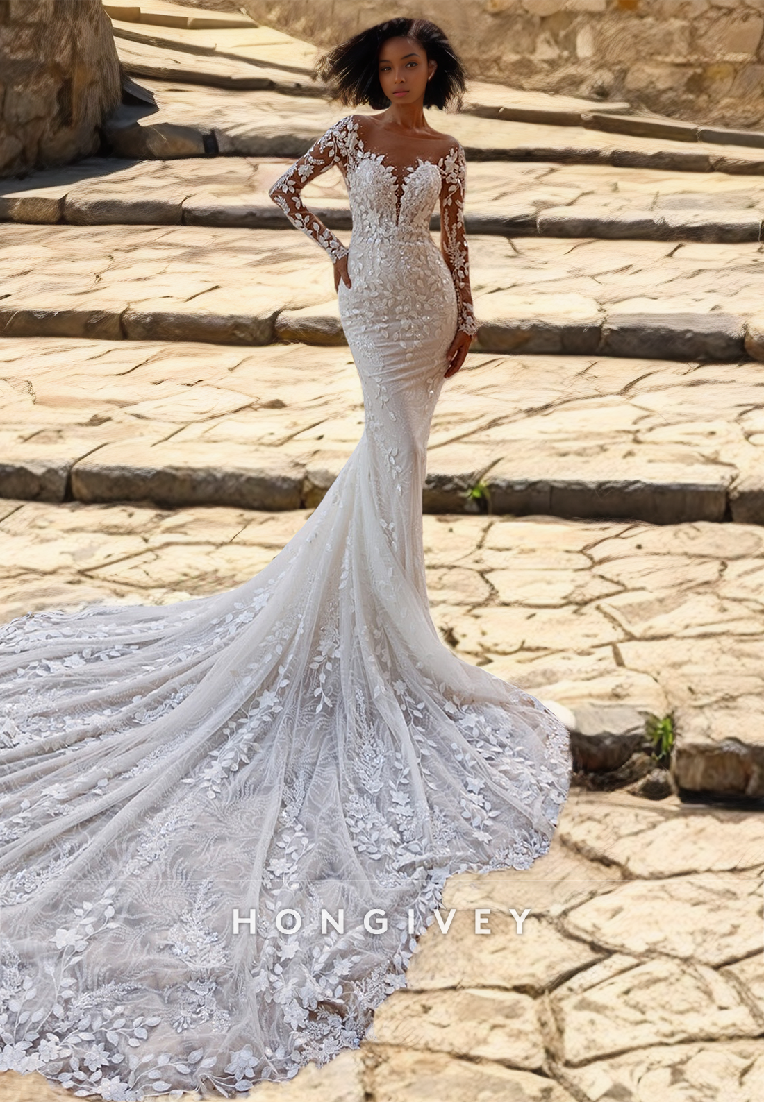 HONGIVEY Luxury Applique Mermaid Wedding Dress with Train Long Sleeves Beaded Floral Bride Gown