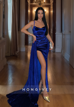 HONGIVEY Royal Blue Velvet Evening Dress Straps Side Slit with Train Formal Party Gown