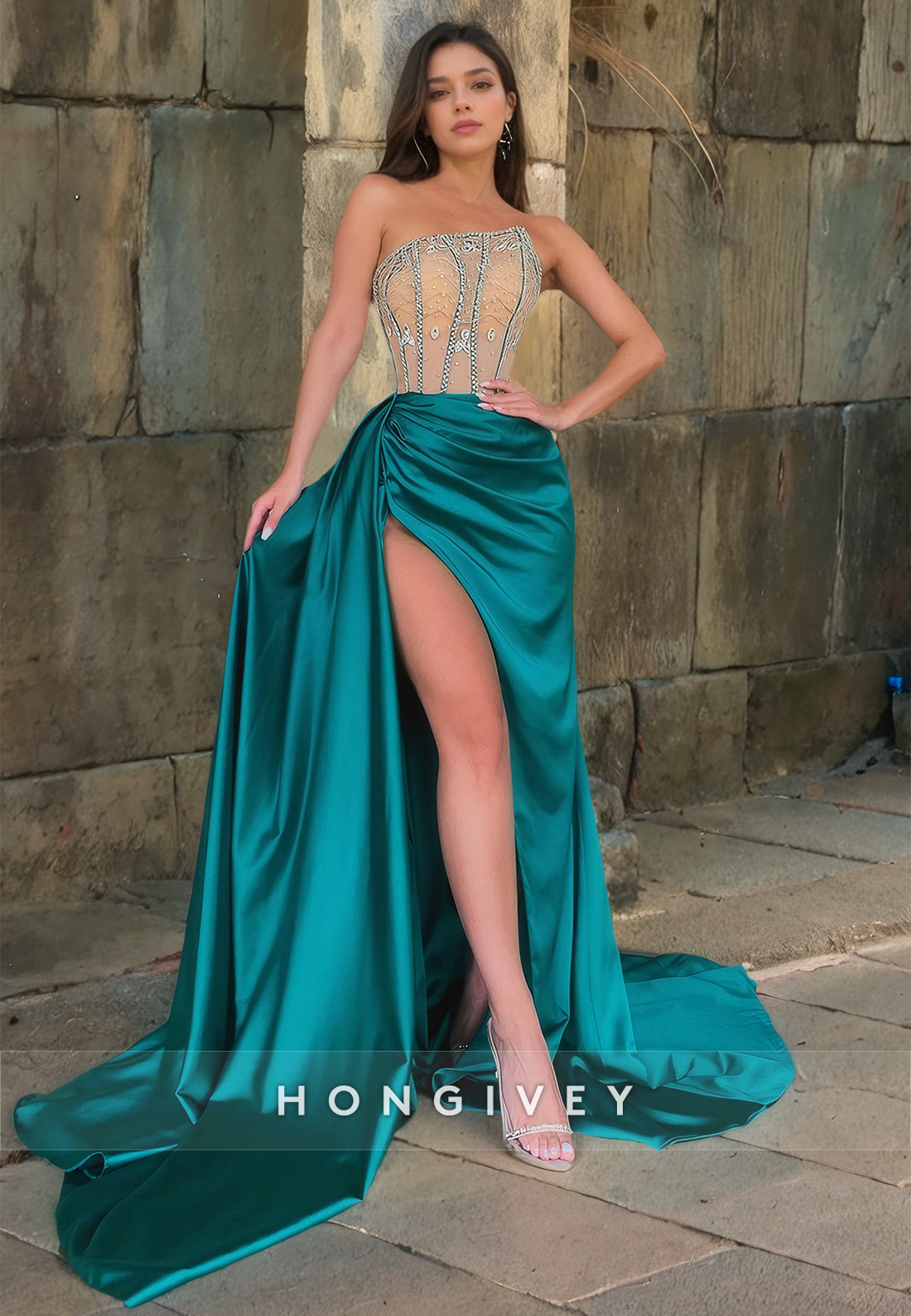 Elegant A-Line Satin Peacock Prom Dresses Beads Strapless Floor Length Formal Party Gown