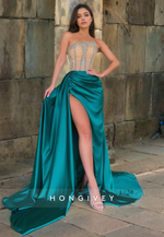 Elegant A-Line Satin Peacock Prom Dresses Beads Strapless Floor Length Formal Party Gown