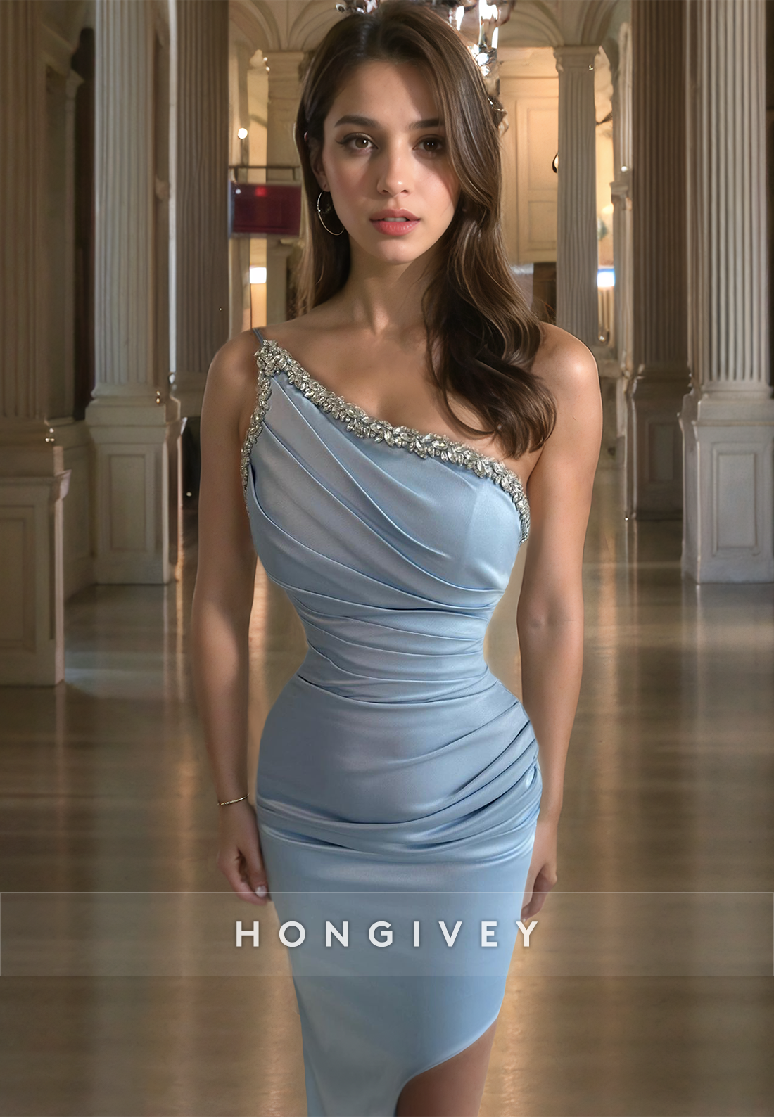 Sexy Asymmetrical Empire Waist with Side Slit Satin Evening Dress Formal Party Gown HONGIVEY