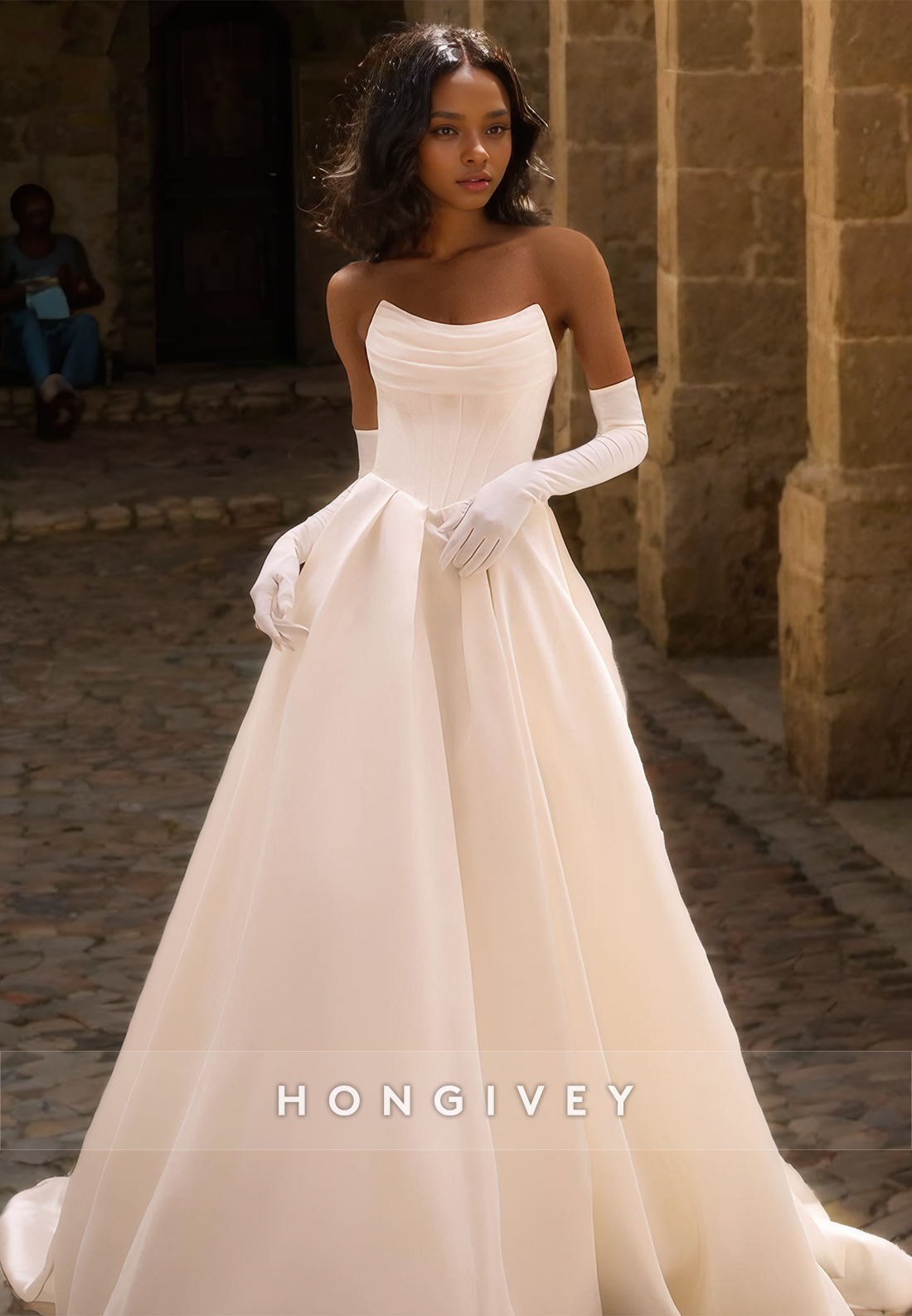 Sexy Satin A-Line Bateau Strapless Ruched Empire With Gloves Train Wedding Dress